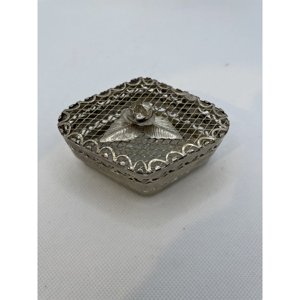 Vintage Jewelry Trinket Box Diamond Shaped Silver Plate Filigre Mesh Rose On Lid